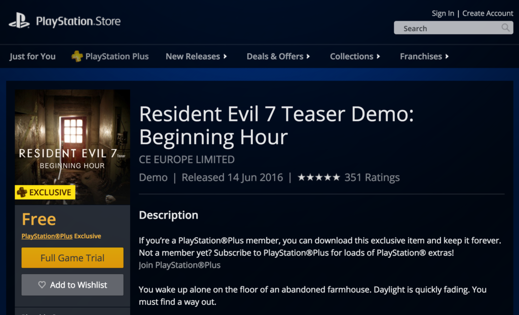Resident Evil 7 demo link PS4 PS Store